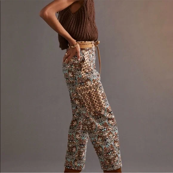 Anthropologie Boho Chic Corduroy Barrel Pants Blue Motif, Size 0 - Picture 1 of 10